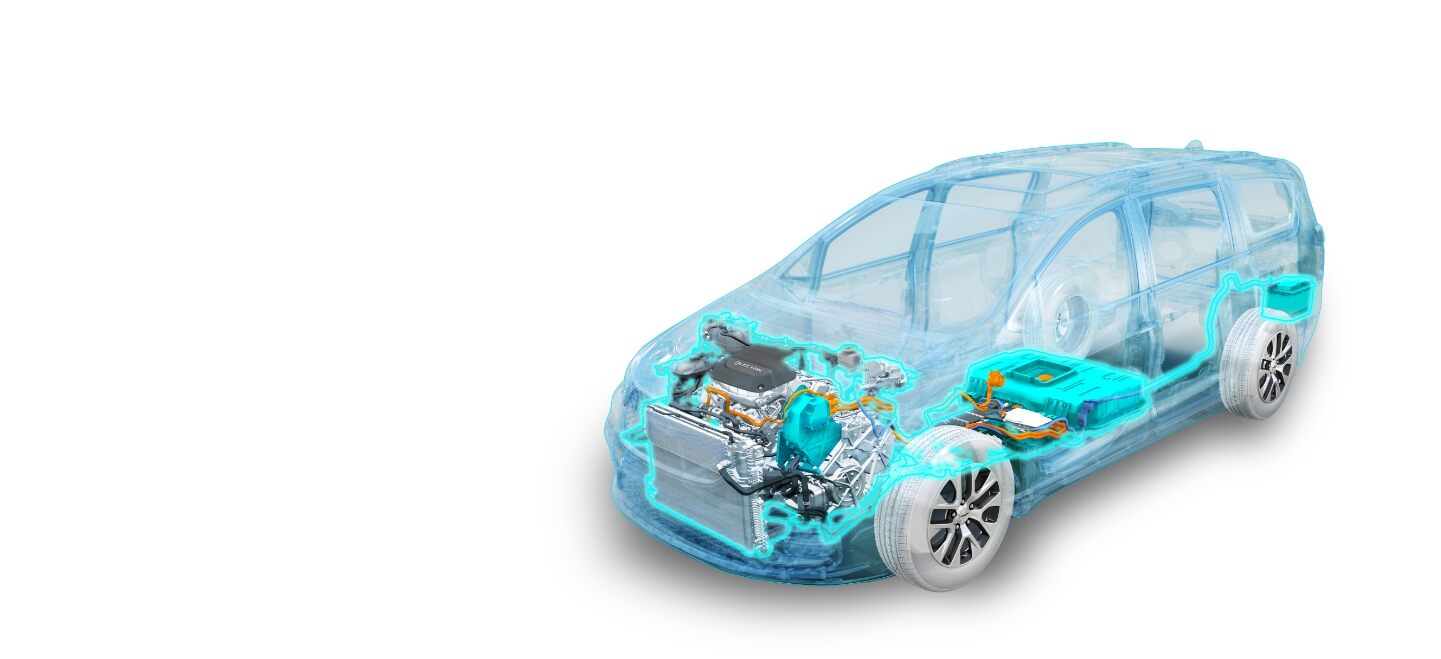 Una ilustración detallada de la Chrysler Pacifica Hybrid 2023 en la que se destaca la carrocería en blanco con el motor eléctrico y el motor híbrido de gasolina.