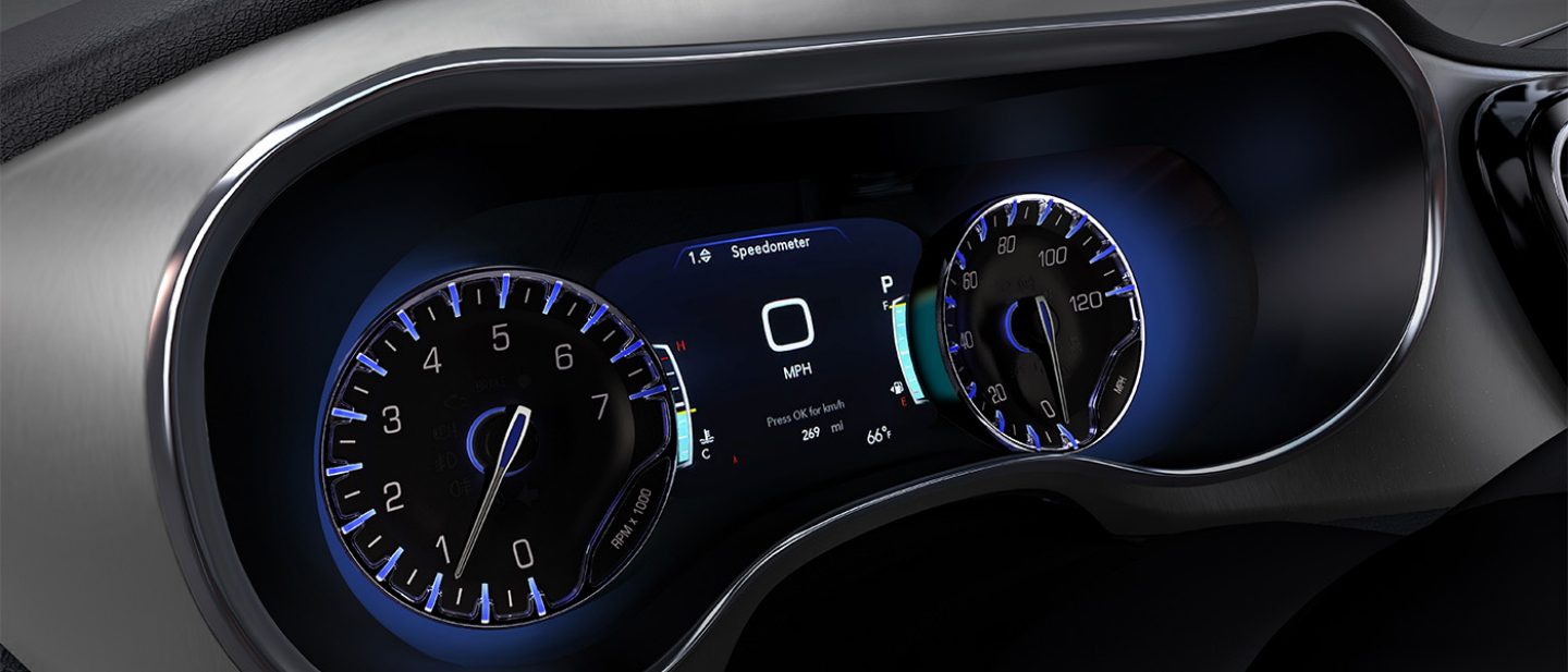 Se muestra la pantalla digital del panel de instrumentos de la Chrysler Pacifica 2026.
