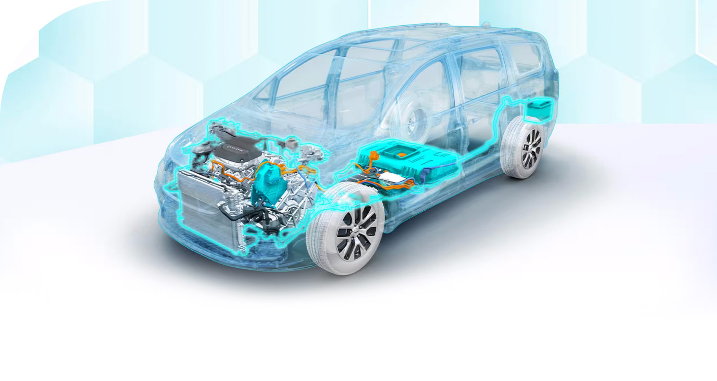 Una ilustración de las piezas internas de la Chrysler Pacifica Plug-In Hybrid 2026, en la que se muestran los componentes de su tren motriz.