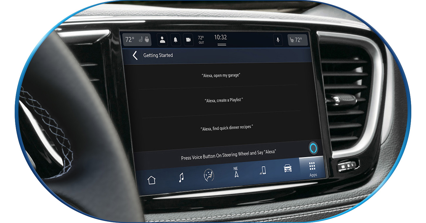 The Uconnect touchscreen in the 2026 Chrysler Pacifica Plug-in Hybrid displaying the Amazon Alexa Getting Started page.