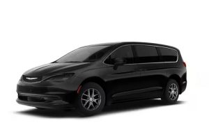 Un perfil desde el ángulo frontal de un modelo rojo del Chrysler Voyager Pinnacle 2025.