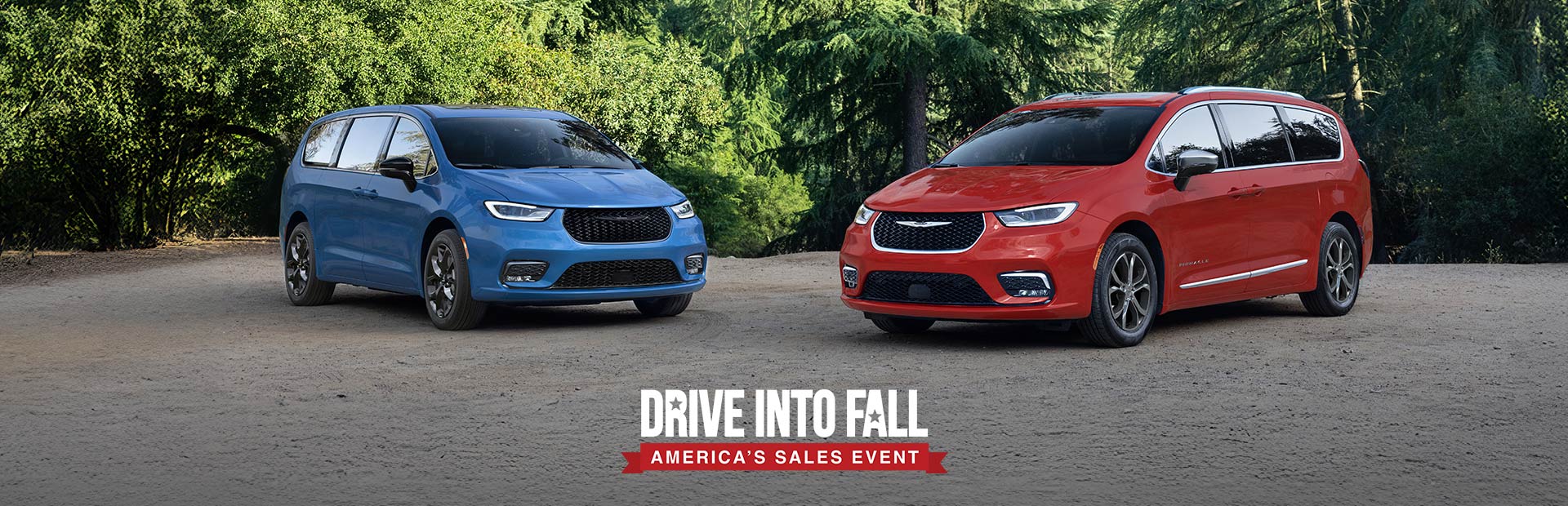 Una Chrysler Pacifica Limited azul con paquete de apariencia "S" y una Chrysler Pacifica Pinnacle 2026 roja estacionadas en posición perpendicular una respecto de la otra. Drive into fall. Evento de ventas en EE. UU.