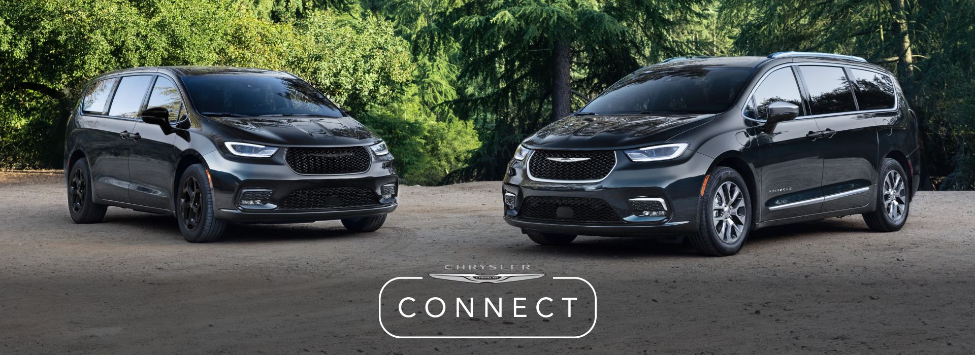 Dos modelos Chrysler Pacifica 2026 negros estacionados en perpendicular uno del otro en un parque. A la izquierda, una Pacifica Limited y a la derecha, una Pacifica Pinnacle. El logotipo de Chrysler Connect.